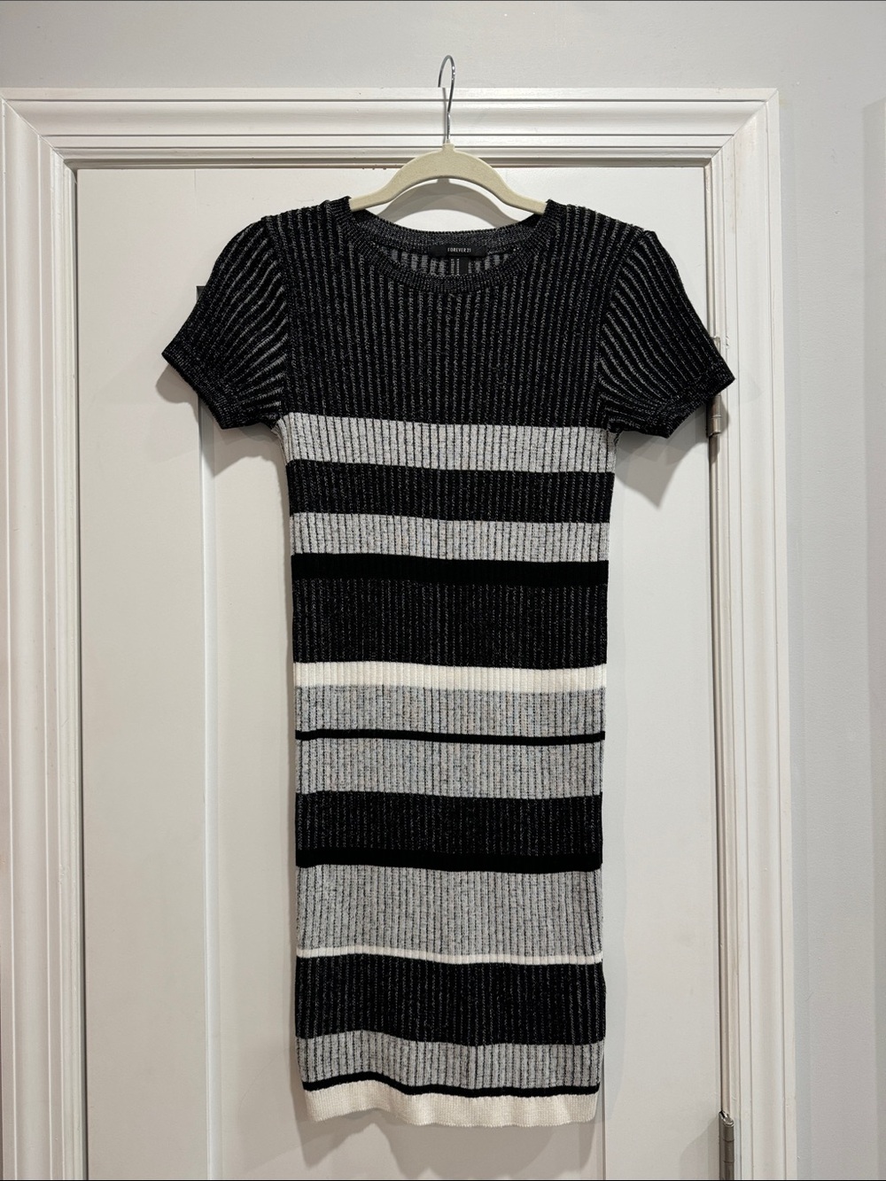 Black and Gray Striped Knit Mini Dress